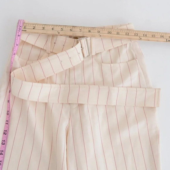 Orseund Iris Cream w Red Pinstripe Wide Leg Mid-Rise Crop Dress Pants Trousers 6 - Picture 5 of 14